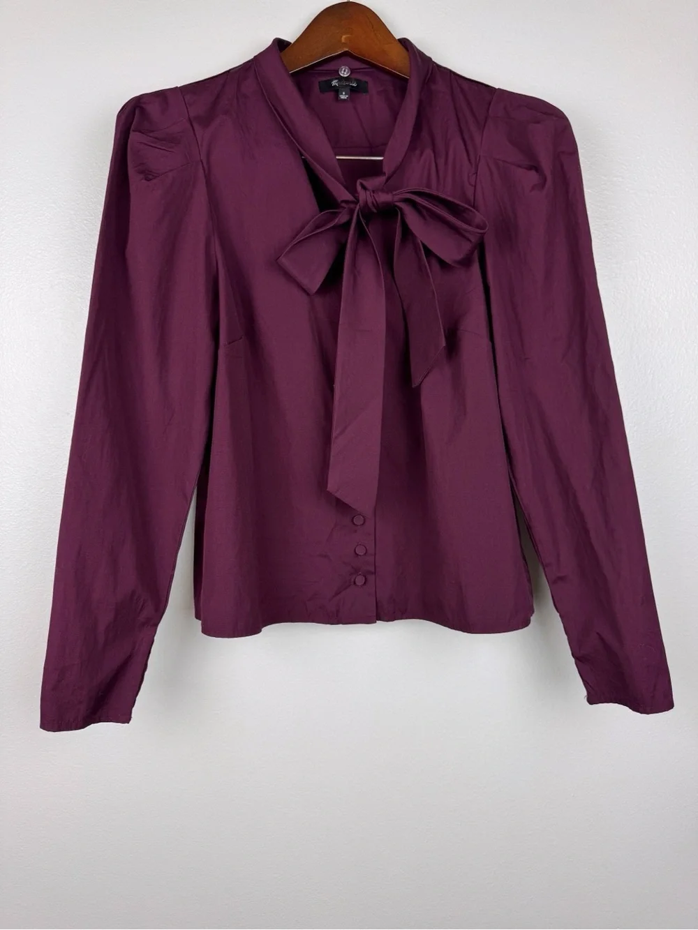 Madewell V-Neck Cotton Button Front Removeable Necktie Top Burgundy Size S NWOT